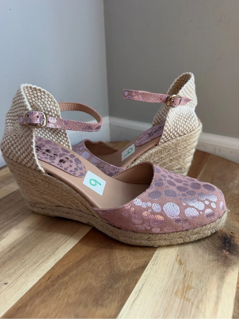Helene Rouge Spain Pink Metallic Polka Dot Espadrille Wedge Sandals Sz 9 Leather
